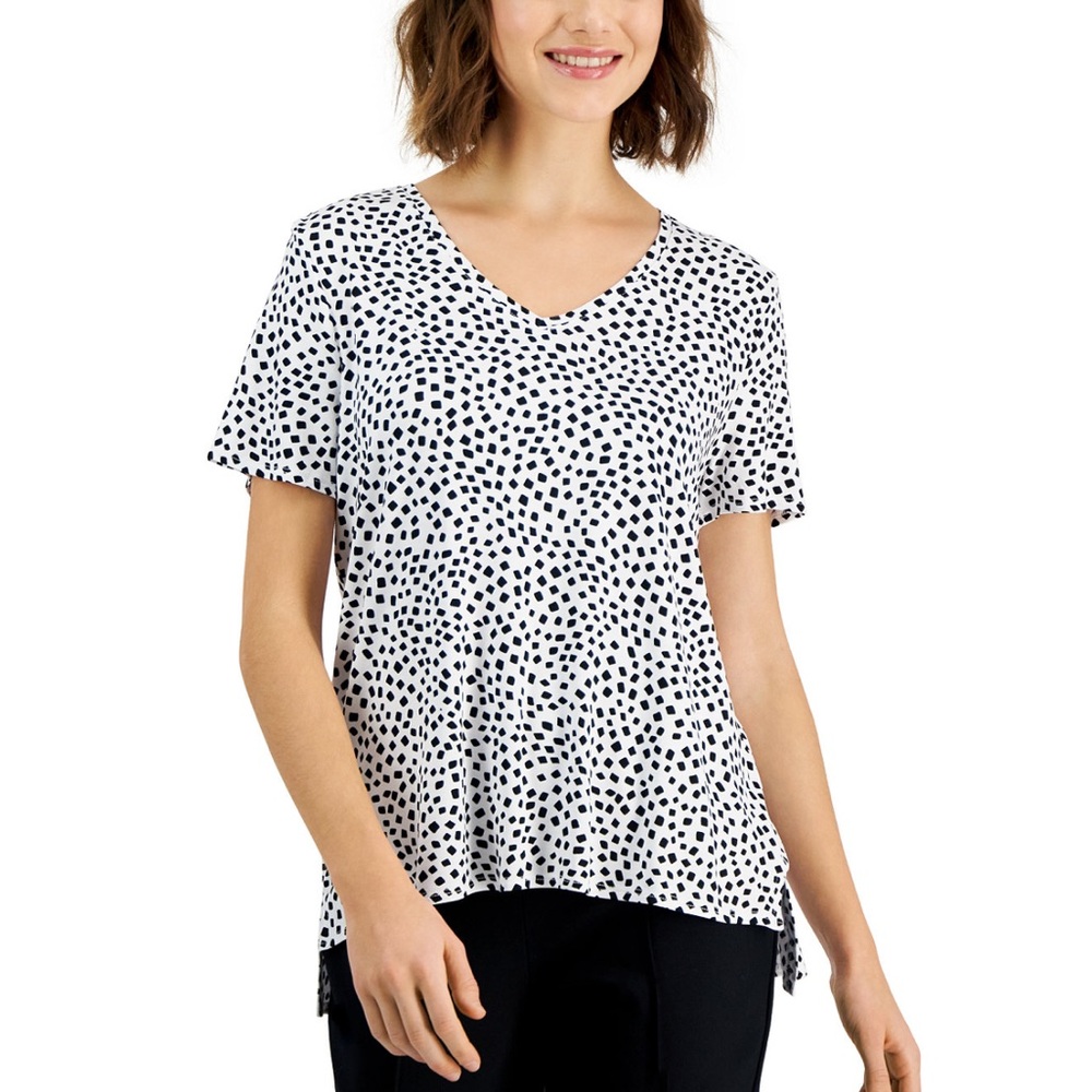 Alfani Contour Dot Print V-Neck Step Hem Top Blouse XL